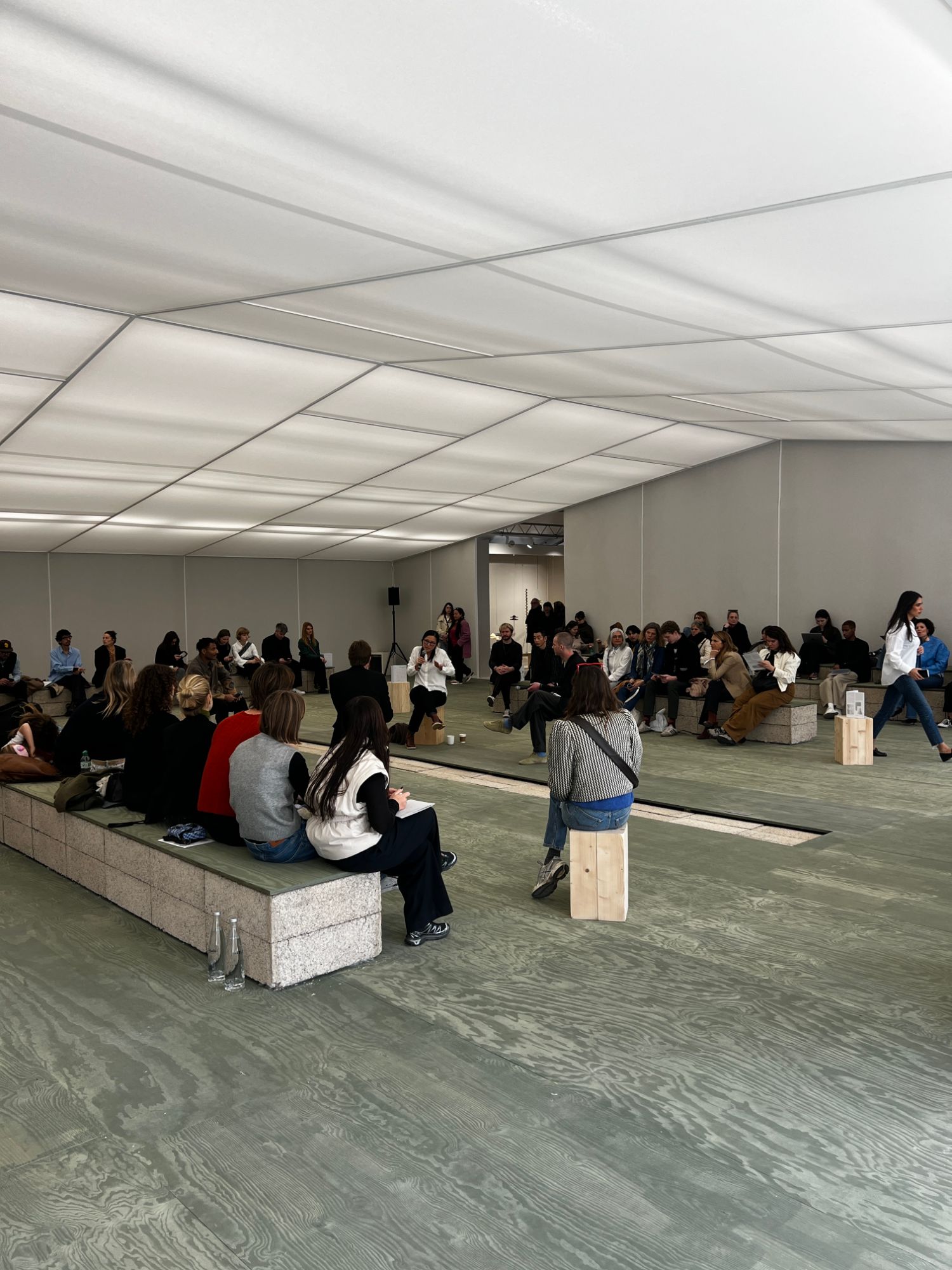 A talk in progress in the Tuileries tents during Paris Fashion Week.